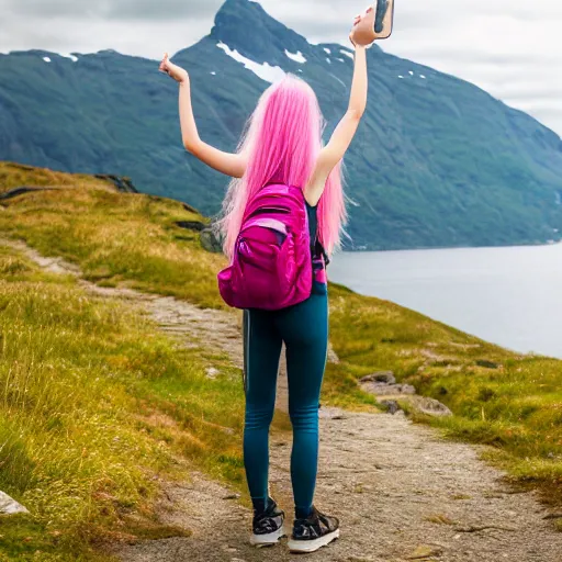 Image similar to a young woman with long pink hair, facing forward for a selfie, back towards fjord, hiking clothes, tank top, backpack, norway, fjords in background, cinematic, beautiful, stunning, day time, epic, 8 k, 1 6 : 9