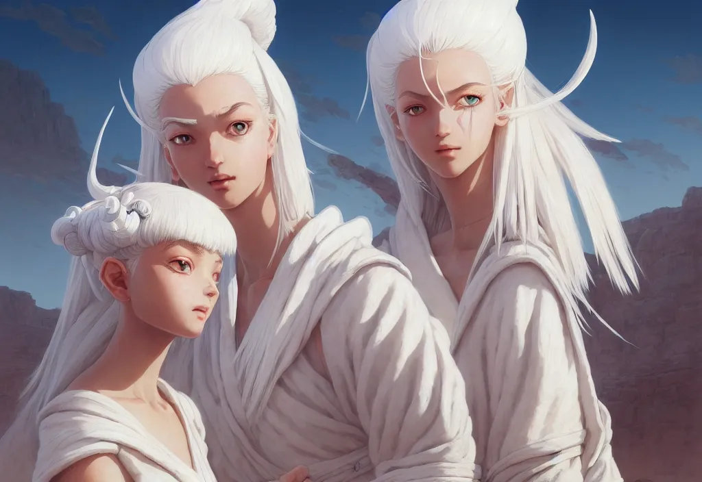 Prompt: close up picture of a cute white hair robe girl and three big giants knight colosuss, crossing the desert, beautiful and aesthetic, detailed face, intricate, highly detailed, smooth, sharp focus, trending on artstation, art by yomu and mika pikazo and ilya kuvshinov and rembrandt and greg rutkowski, fantasy illustration