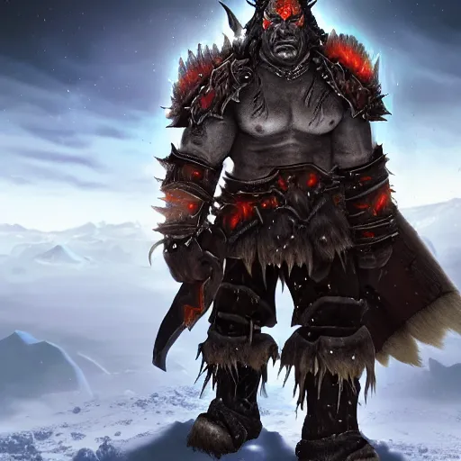 Image similar to world of warcraft orc warrior in spiky epic full plate armor standing in a vast icy lands and dark icy mounatins in the background, extremely detailed, wow, cinematic, unreal engine 5, artistic, movie poster, world of warcraft cinematics style