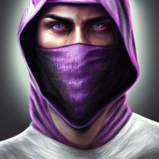 Image similar to ultra realistic illustration, man in a black hood, in a striped purple balaclava, mysterious, highly detailed, digital painting, artstation, concept art, smooth, sharp focus, illustration