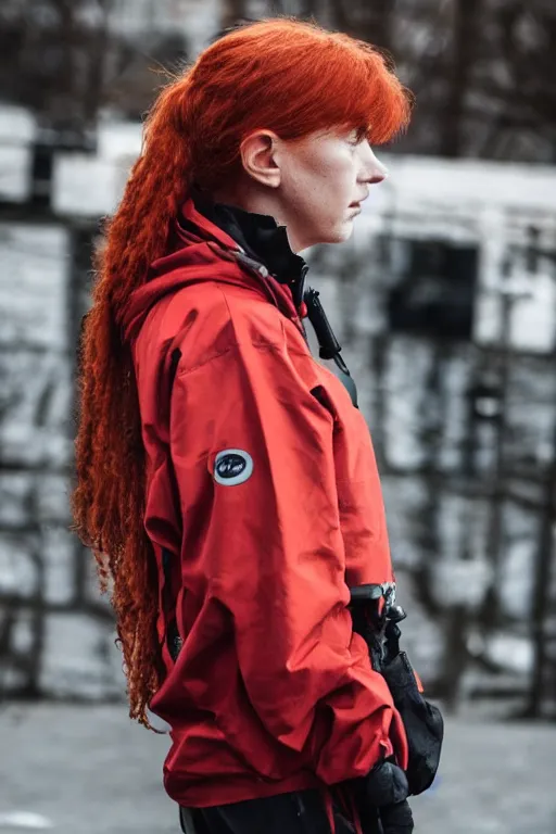 Image similar to beautiful red haired british woman in techwear, techwear look and clothes, Nike ACG, ACRNYM, Errolson Hugh, Y3, trending on r/streetwear, outfit photo, we see them from head to toe