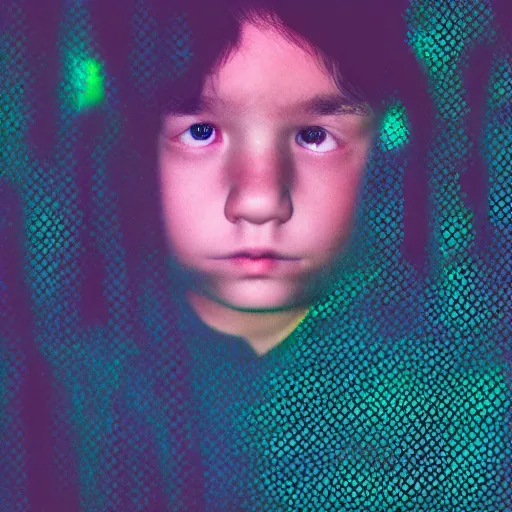 Prompt: sad kid. close up. Heavy digital glitch