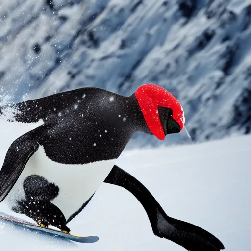 Image similar to ultrawide angle photograph of a snowboarding penguin, extremely detailed. the snowboard he is riding is red and has a tribal print, 8 k