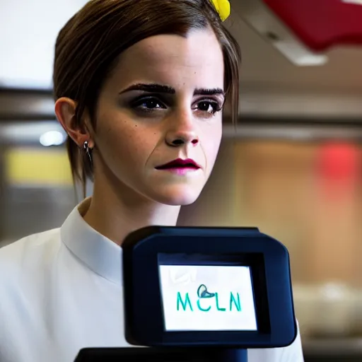 Prompt: emma watson as a mcdonald ’ s cashier, portrait, close up, shallow depth of field, award winning,