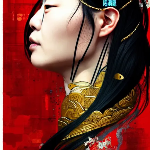 Image similar to portrait and side profile of a chinese woman :: side profile :: in ocean :: clockwork details :: gold :: blood and horror :: by vikings and Sandra Chevrier