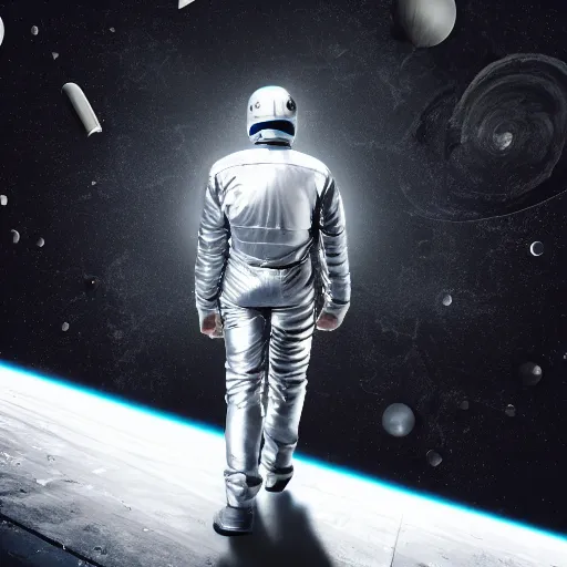 Prompt: mysterious man in silver space suit, walking on an industrial catwalk with stairs that lead nowhere, floating in deep space with a black background, photograph, wide angle, long shot