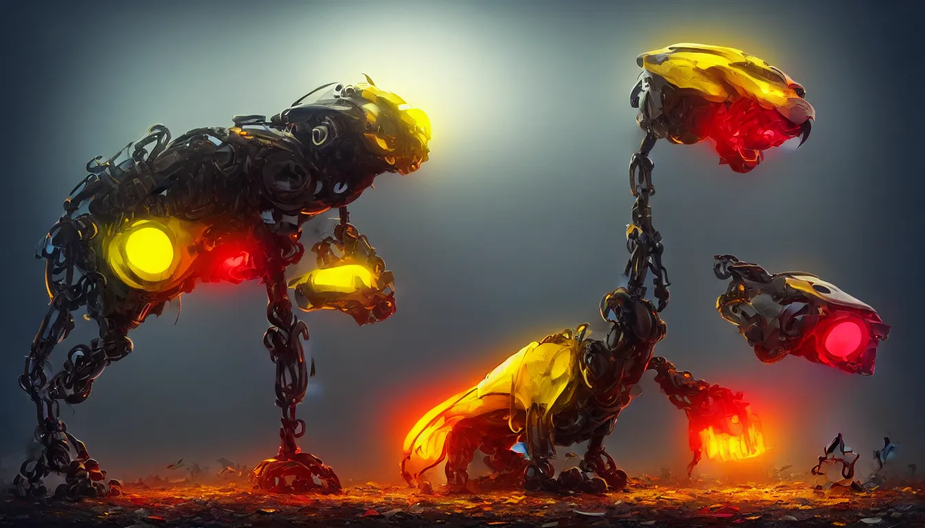 Image similar to ai limbo, gigantic robotic cat with red eyes walks in a trash heap in yellow mist, digital art, trending on artstation, 8k, highly detailed,