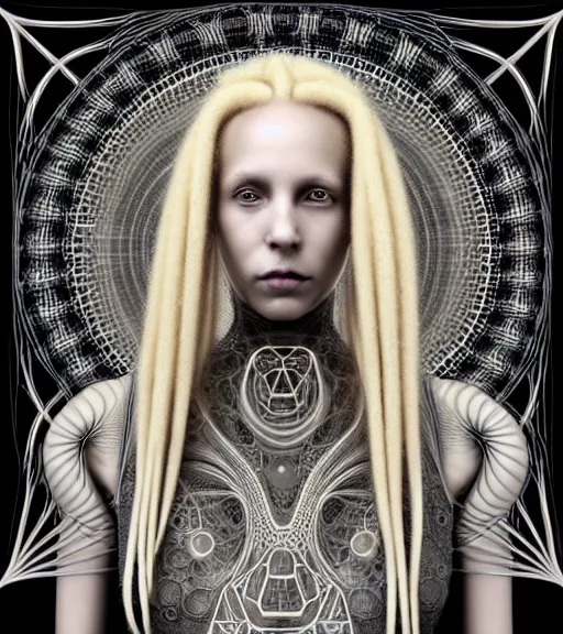 Image similar to photograph of beautiful biomechanical female blonde dreadlocks girl, hyper realistic skin, geometrical octagonal lace tattoos, polyhedral 3 d, roccoco futuristic android jones style steampunk, trippy lsd hippie, craftsmanship, intricate, hexagonal mesh wire, mandelbrot fractal spiral mandala alexander mcqueen, alex grey, giger, hyperreal, photorealistic