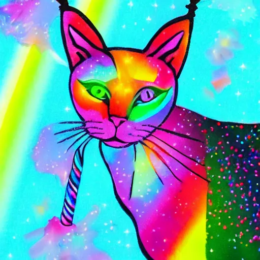 Image similar to siamese cat with a unicorn horn, rainbow background, sparkly aura around cat