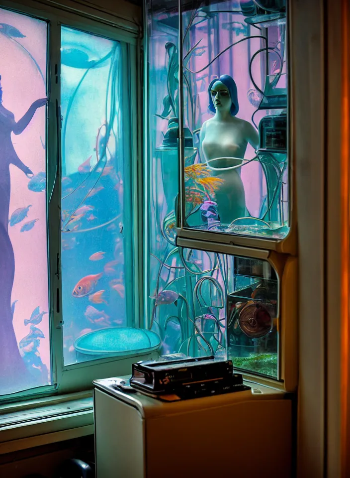 Image similar to telephoto 7 0 mm f / 2. 8 iso 2 0 0 photograph depicting the feeling of chrysalism in a cosy safe cluttered french sci - fi ( art nouveau ) cyberpunk apartment in a pastel dreamstate art cinema style. ( office with ) ( ( fish tank ) ), ambient light.