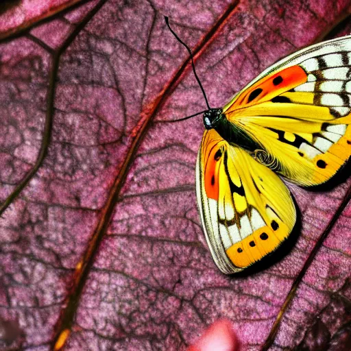 Prompt: photograph of a butterfly, zoom, leaf, nature, 8 k, intricate, details