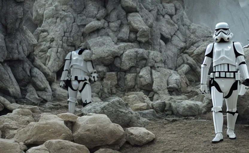 Image similar to screenshot portrait of Luke Skywalker, played by Mark Hammill, in a graveyard of stormtroopers, outside a rocky Jedi Temple scene from The Force Awakens, 1980s film by Stanley Kubrick, moody lighting, stunning cinematography, hyper-detailed, sharp, anamorphic lenses, kodak color film, 4k