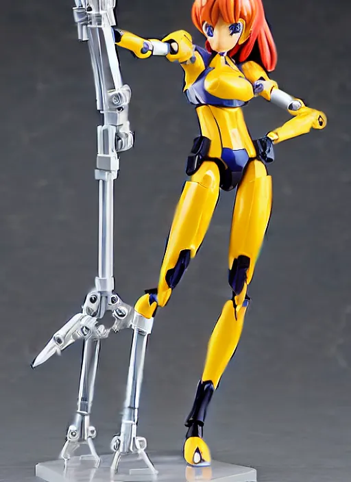 Prompt: toy design,Girl in mecha cyber Armor, portrait of the action figure of a girl, with bare legs， holding a weapon，in the style of NEON GENESIS EVANGELION， anime figma figure, studio photo