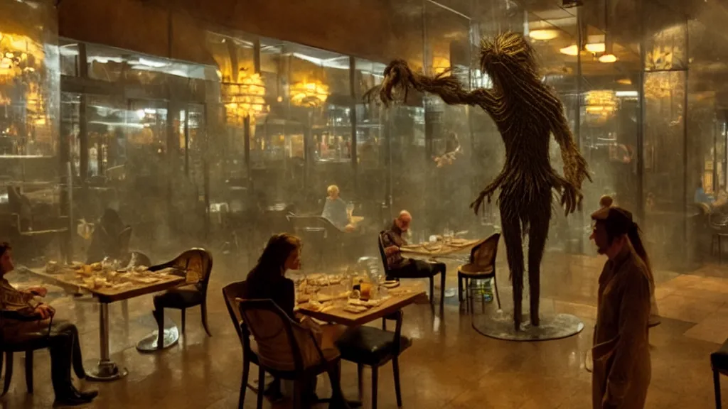 Prompt: the tall strange creature helps customers in the restaurant, made of water, film still from the movie directed by Denis Villeneuve with art direction by Salvador Dalí, wide lens