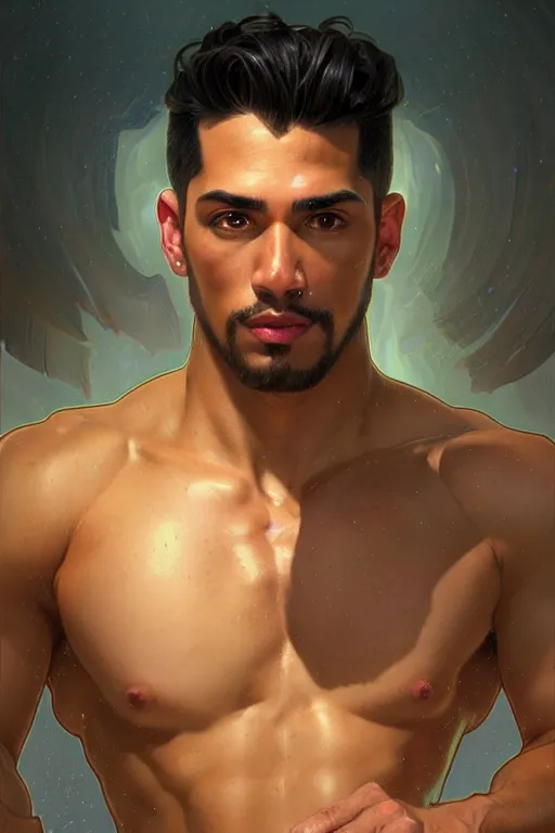 Prompt: clear portrait of a latino attractive men, cottagecore!! background, hyper detailed, character concept, full body, dynamic pose, glowing lights!! intricate, elegant, highly detailed, digital painting, artstation, concept art, smooth, sharp focus, illustration, art by artgerm and greg rutkowski and alphonse mucha