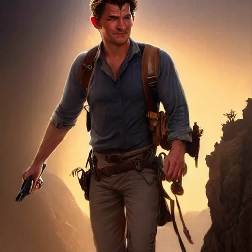 Image similar to A combination of Tom Holland's and Orlando Bloom's and Chris Pine's faces as Nathan Drake, western, D&D, fantasy, intricate, elegant, highly detailed, digital painting, artstation, concept art, matte, sharp focus, illustration, art by Artgerm and Greg Rutkowski and Alphonse Mucha