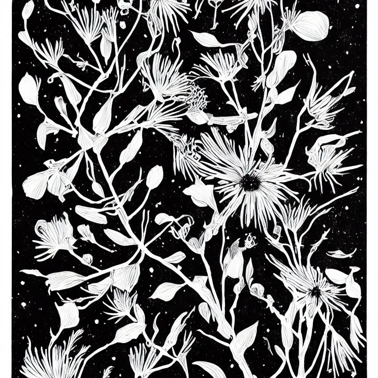 Prompt: a book that opens up and reveals the cosmos, black and white, botanical illustration, black ink on white paper, bold lines