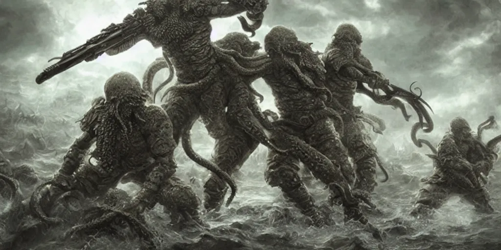 Image similar to Soldiers fighting Cthulhu, Photorealistic, insane_details