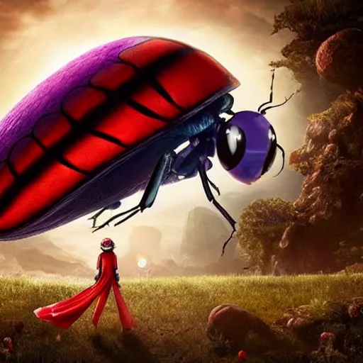 Image similar to promotional movie still, ladybug futuristic ( ( descendants ) ), ladybug quadruped with big rgb eyes, huge ladybug mothership, epic cosmos, dramatic lighting, the fellowship of the ring ( film ) genre. imax, 7 0 mm.