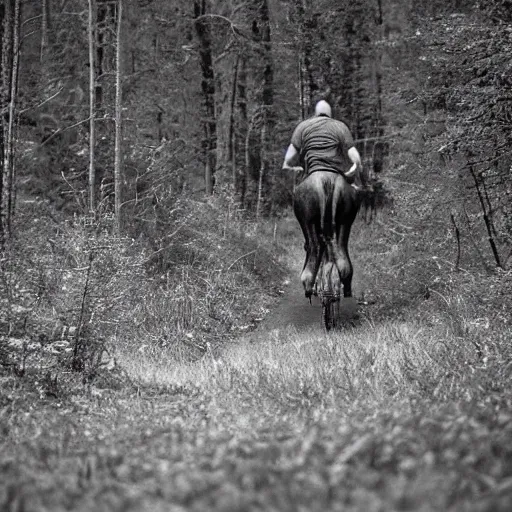 Prompt: alien riding on the back of a deer, grainy trail cam, low detail, noisy, low light, black and white