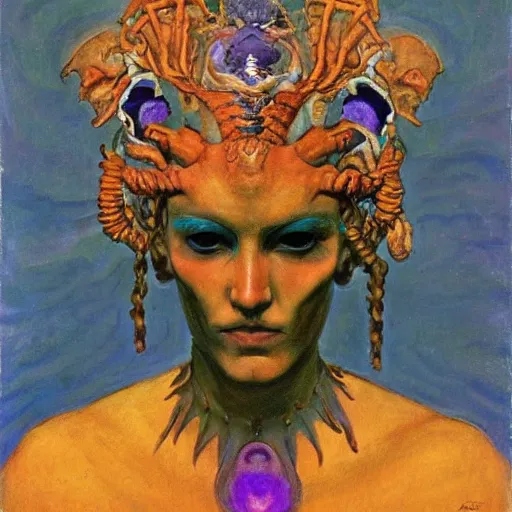 Prompt: the bone crown, the crow crown, by Annie Swynnerton and Nicholas Roerich and Diego Rivera, bioluminescent skin, elaborate costume, geometric ornament, symbolist, cool colors like blue and green and violet, smooth, sharp focus, extremely detailed