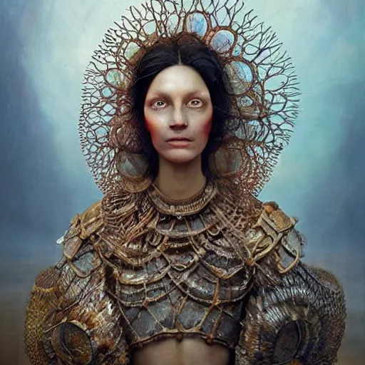 Image similar to brown woman wearing an armor made of jellyfishes. super detailed. layered. textured. award winning. refracted lighting. soft. fragile. by ray caesar. by louise dahl - wolfe. by andrea kowch. by tom bagshaw. surreal photography