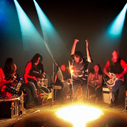 Image similar to 6 people sitting in circle, a fire in the middle in the floor of a small stage of a band, drummer is there behind them. red neon lights good mood, nice ambience singing