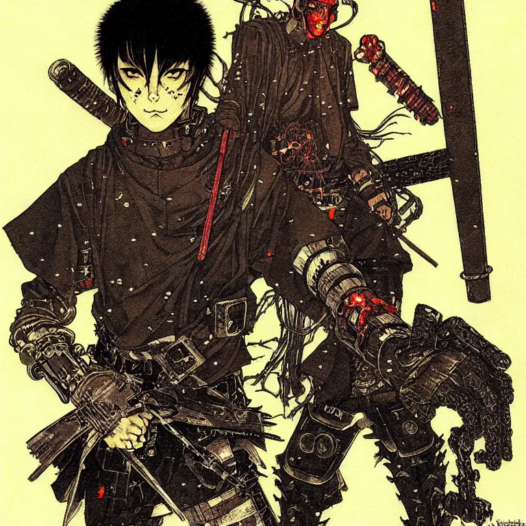 Prompt: cursed illustration of beautifully ominous cyberpunk warrior, manga style of kentaro mirua, by norman rockwell, weirdcore