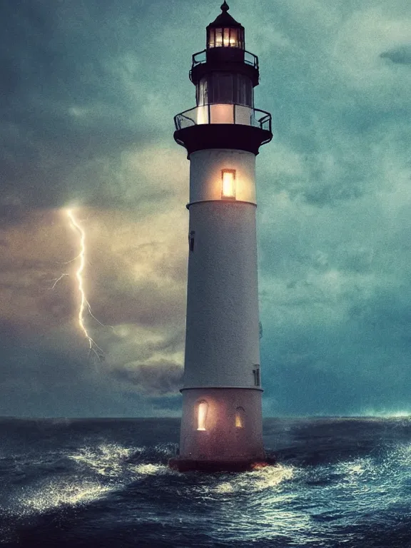 Image similar to photo of 8k ultra realistic lighthouse on island, heavy rain, ,lightning storm, boat lights in distance, night, light shining, heavy seas, full of colour, cinematic lighting, battered, trending on artstation, 4k, hyperrealistic, focused, extreme details,unreal engine 5, cinematic, masterpiece, art by Alena Aenami