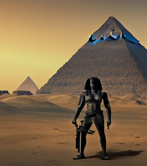 Image similar to a beefy man with a machine gun, egyptian pyramid in the background, 4 k, sharp focus, illustration, highly detailed, cinematic, photorealistic, cyberpunk