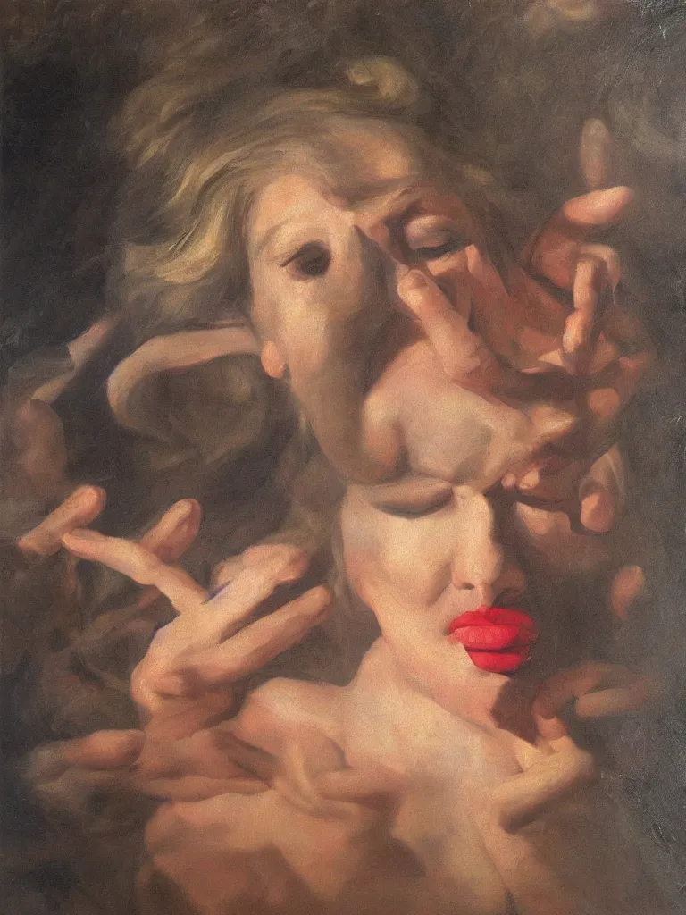 Prompt: plastic lips spinning on the tip of the index finger hand pointing, oil painting, Rubens, subtle and compelling lighting