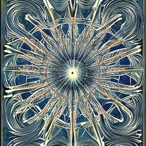 Prompt: diagram of interdimensional dendrite in non - eucledian space by ernst haeckel and geoff darrow, asymmetrical, black background, ink and watercolor