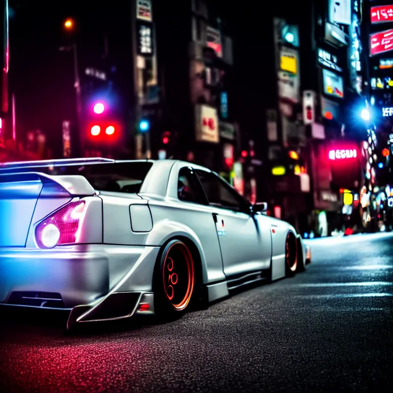 Image similar to close-up-photo Nissan 2000GTS turbo illegal roadside night meet, work-wheels, Shibuya Shibuya, cinematic colors, photorealistic, highly detailed, night photography