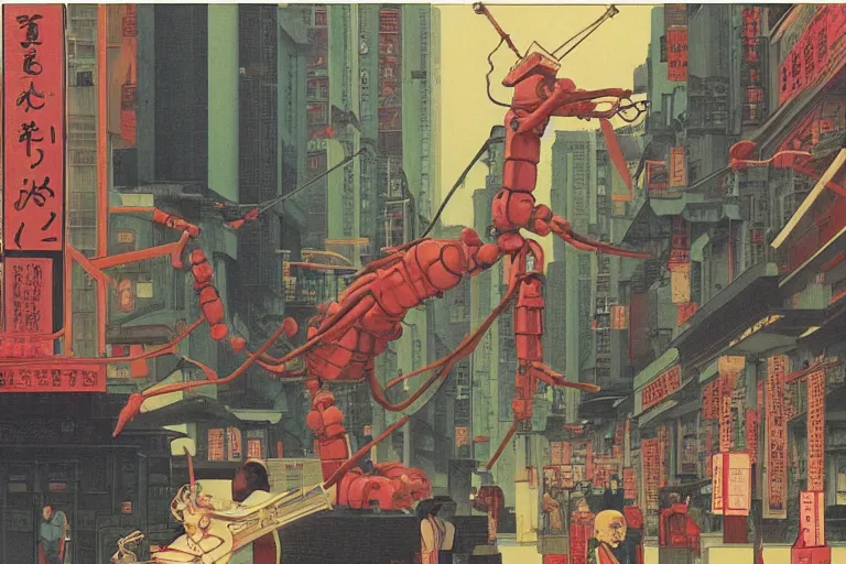 Image similar to gigantic mantises with human hands catch tiny robots, a lot of exotic mechas robots around, human heads everywhere, risograph by kawase hasui, edward hopper, satoshi kon and moebius, colorful flat surreal design, super - detailed, a lot of tiny details, fullshot