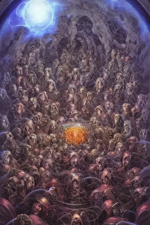 Image similar to an advanced technological computer!!!!!, surrounded by a dark cabal of hooded elven mystics with long robes gathered in a circular formation, michael whelan, dan seagrave, boris vallejo, quantum computer!!!! quantum computer