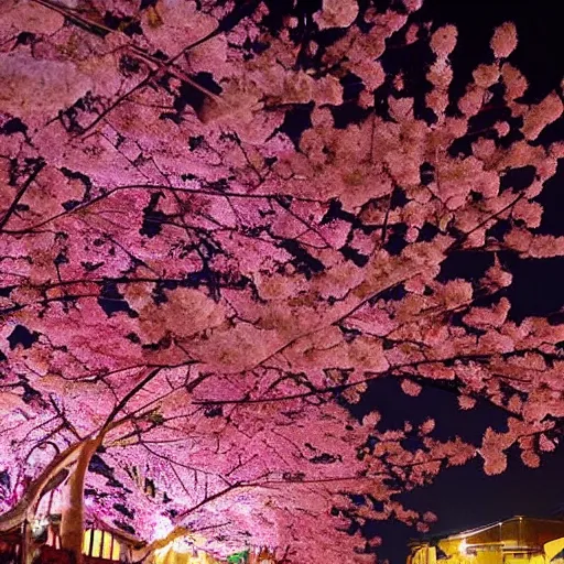 Image similar to sakura is in bloom. night. the radiance of the earth.