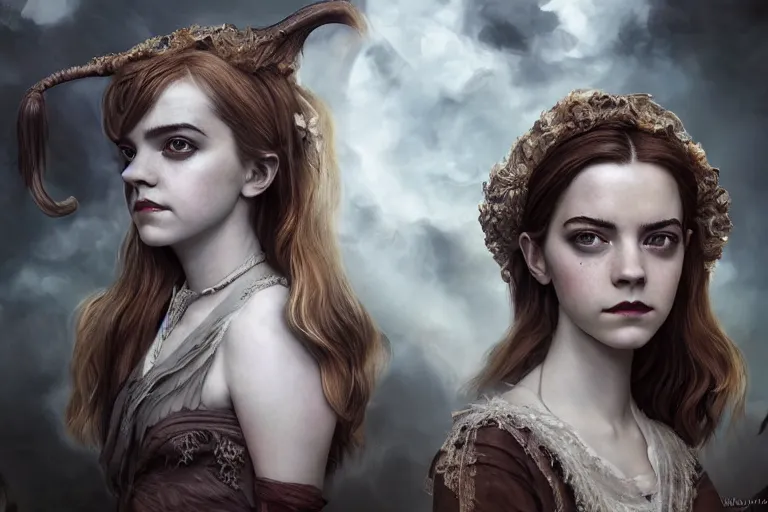 Image similar to a mix of of emma watson, anya taylor - joy and emma stone, evil sorceress witch, victorian manor, hyperrealism, octane render, extremely detailed, intricate smoke magic, lace, style of mark ryden, earl nore, hyung tae, frank frazetta