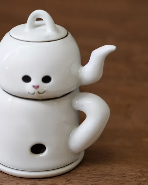 Image similar to a creepy white tea kettle shaped like a cat with a little porcelain gray mouse on the tip of it's spout