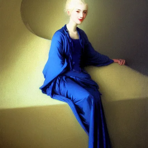 Prompt: a young woman's face, her hair is white and she wears an indigo blue satin cloak, by ivan aivazovsky and syd mead and moebius and gaston bussiere and roger dean and pieter claesz and paul delaroche and alma tadema and aelbert cuyp and willem kalf, hyperrealistic, volumetric light, octane render