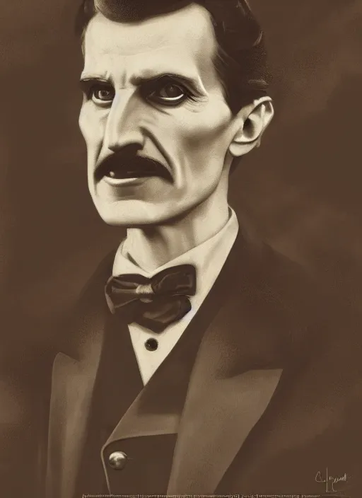 Image similar to biohazard portrait of nikola tesla from bioshock, au naturel, hyper detailed, digital art, trending in artstation, cinematic lighting, studio quality, smooth render, unreal engine 5 rendered, octane rendered, art style by klimt and nixeu and ian sprigger and wlop and krenz cushart