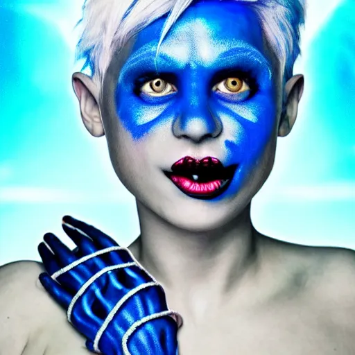 Prompt: crazy girl with large dazzling blue cybernetic eyes, character portrait, short white hair, pixie nose, mythic glowing blue tattoos, creepy, photorealistic, cinematic composition, hyper real, upscaled, ultra detailed