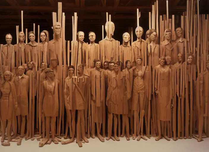 Prompt: realistic photo portrait of the a sculpture of a group portrait of students made of wood, poorly designed in style of arte povera, fluxus, dadaism, joseph beuys, ugly standing in the wooden polished and fancy expensive wooden museum interior room 1 9 9 0, life magazine reportage photo