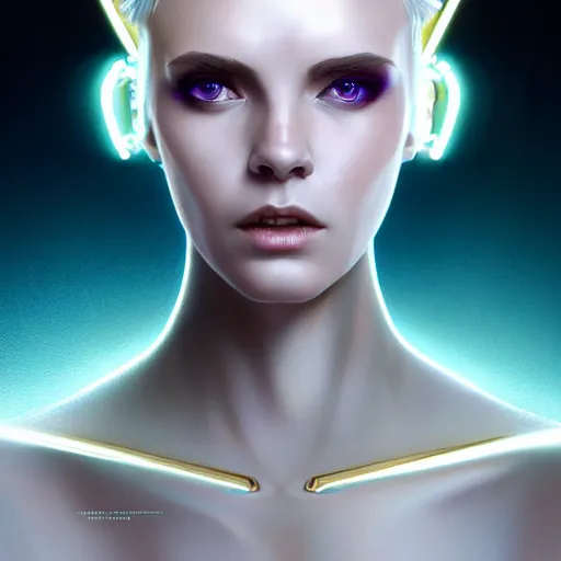 Prompt: futuristic woman android portrait, sci-fi female, striking azure eyes, face, short platinum hair tomboy, cyberpunk femme fatale, intricate, elegant lady with alabaster skin, highly detailed gold filigree, digital painting, artstation, concept art, smooth, sharp focus, illustration, studio photo by artgerm and greg rutkowski and alphonse mucha:3, overexposed, dark, gray, monochrome:-4