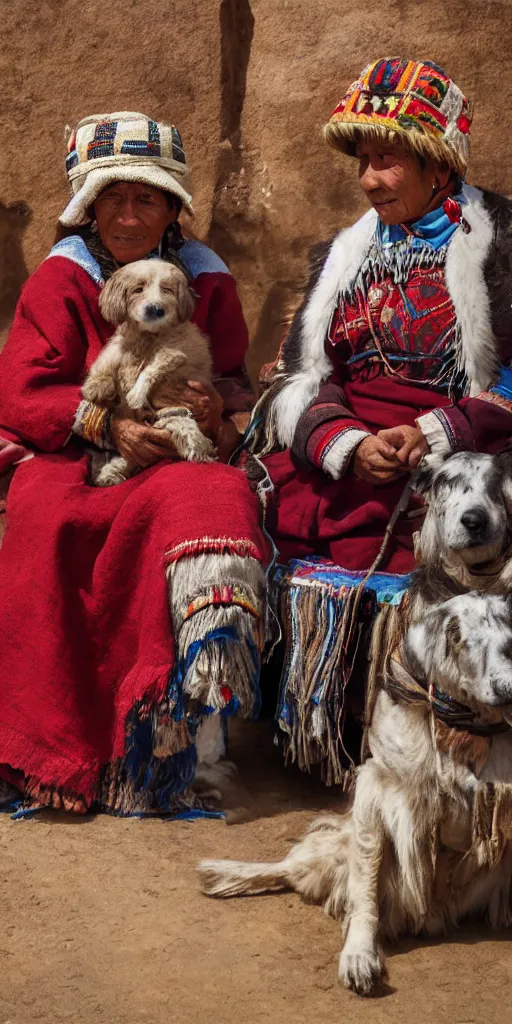 Image similar to indigenous Cuzco Couple with Dog, Peru in 1950, andean clothing, unreal 5, hyper realistic, realistic, photo realistic, dynamic lighting, highly detailed, cinematic landscape, studio landscape, studio lighting