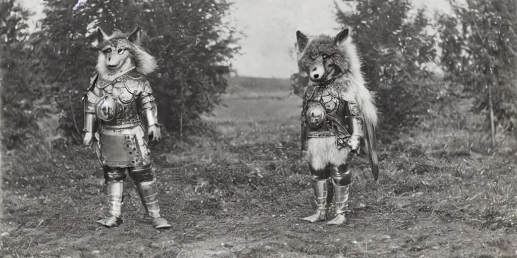 Image similar to anthropomorphic furry wolf in armor standing in front of a farm, 1900s picture