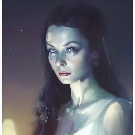 Image similar to closeup portrait of a young vivian leigh, dramatic lighting, city background, night, moon, chiaroscuro, high detail, painted by greg rutkowski, painted by igor kieryluk, painted by bobby chiu, trending on artstation