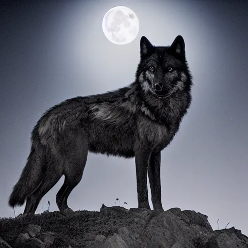 Prompt: black wolf standing on top of a steep hill at night full moon.