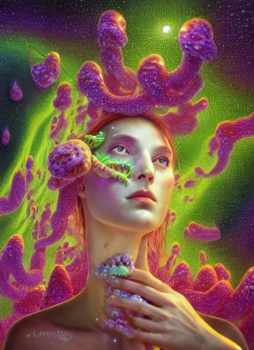 Image similar to hyper detailed 3d render like a Oil painting - Aurora (evocative cyberpunk and oil rainbow faced Singer) seen Eating of the Strangling network of sappy glistening milky Fruit and Her delicate Hands hold of gossamer polyp blossoms bring iridescent fungal flowers whose spores black out the foolish stars by Jacek Yerka, Mariusz Lewandowski, Houdini algorithmic generative render, Abstract brush strokes, Masterpiece, Edward Hopper and James Gilleard, Zdzislaw Beksinski, Mark Ryden, Wolfgang Lettl, hints of Yayoi Kasuma, octane render, 8k