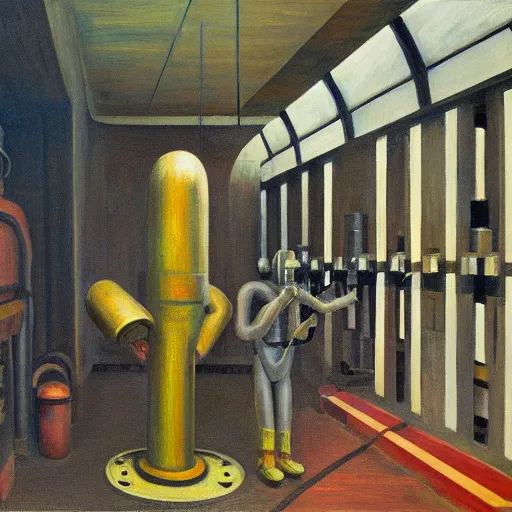 Image similar to engine room, turbines, robot repairmen, reactor core, grant wood, pj crook, edward hopper, oil on canvas