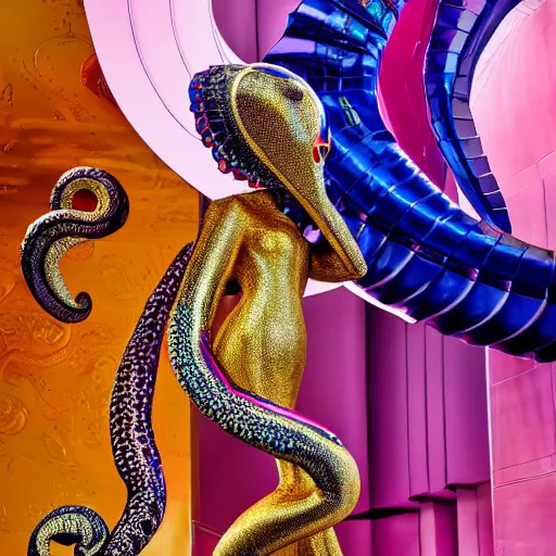 Prompt: close up of a female fashion model in year 3000 in art-deco entrance hall, model wearing a huge surreal Avant-garde helmet that looks like an octopus colored gold, photography , official Versace editorial , highly detailed